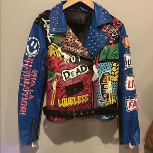 NWT Bellivera faux leather jacket with vibrant, bold colors and graphics!